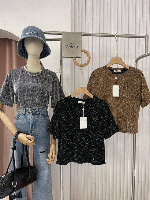 Women Glitters Embedded Round Neck Tops